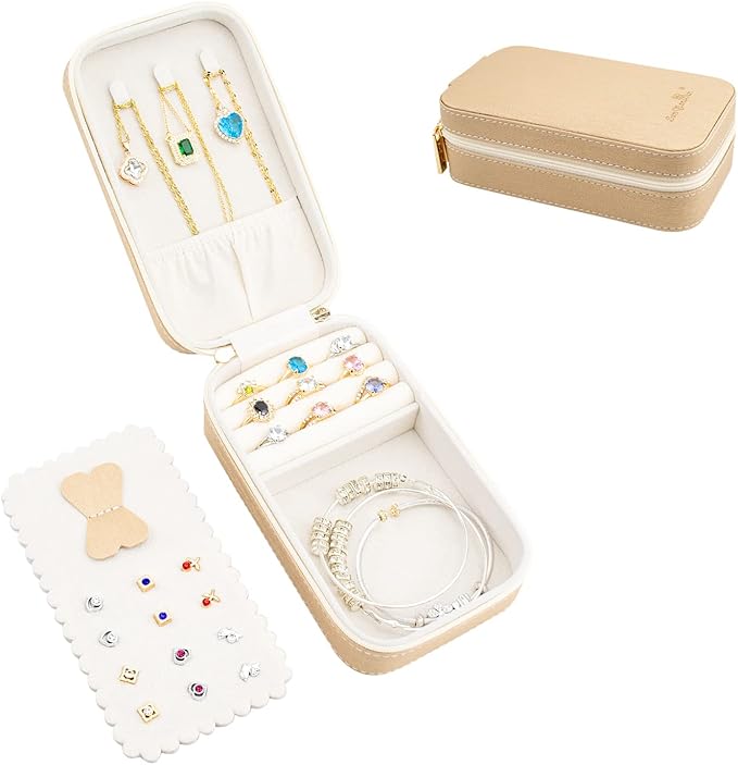 Small Travel Jewelry Organizers Box for women with PU Leather Portable Mini Jewelry Case with compartments for Necklace Rings Earrings,Luxury Giftable boxes. (Champagne, M)