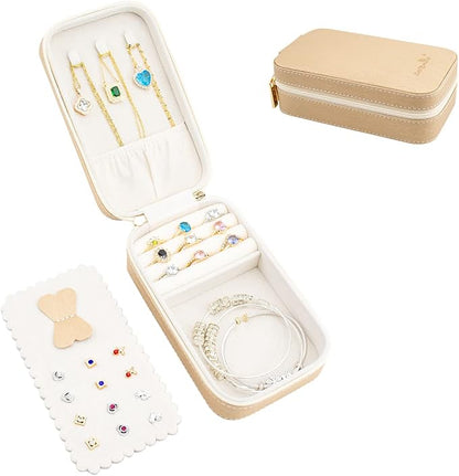 Small Travel Jewelry Organizers Box for women with PU Leather Portable Mini Jewelry Case with compartments for Necklace Rings Earrings,Luxury Giftable boxes. (Champagne, M)