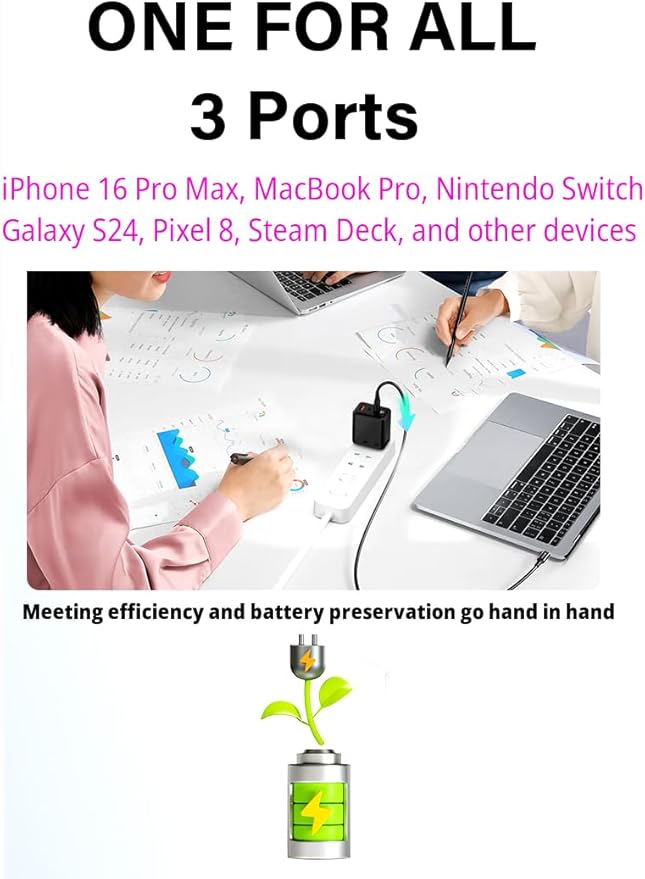 USB C Charger 65W, 3 Ports GaN Fast Charger Block, Compact Foldable Wall Charger with USB-C Cable for iPhone 16 Pro Max, iPad, MacBook Pro/Air,Galaxy S24,Dell XPS 13,Pixel 8 and More (Black)