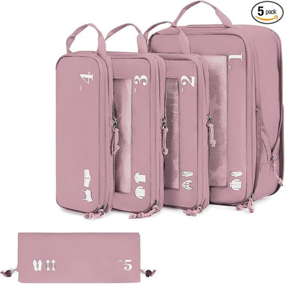 ECOHUB 5 Set Compression Packing Cubes for Suitcases Organiser Bags Set Travel Essentials with Shoe Bag for Traveling Tear-resistant Travel Accessories with ID Tag Expandable Packing Bags(Pink)