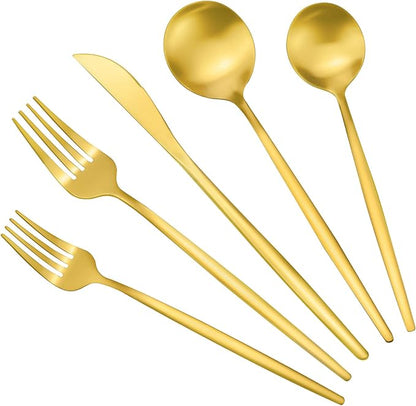 Gold Silverware Set for 12, Stainless Steel Flatware Set, 60-Pieces Cutlery Tableware set Include Spoons And Forks Set, Matte Gold Utensil Set, Stain Finish, Dishwasher Safe