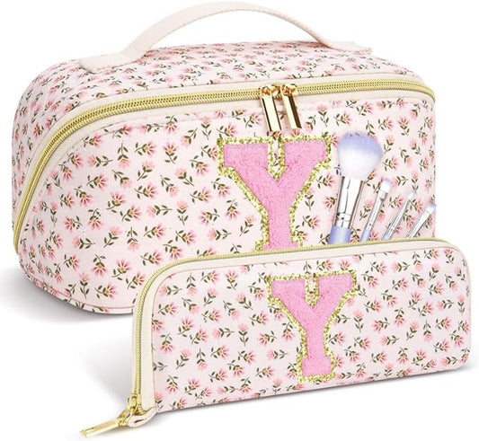 Personalized Travel Makeup Bag Set,Initial Travel Cute Floral Makeup Organizer Bag,Toiletry Skincare Cosmetic Bag,Christmas Gifts for Women/Girls,Open Flat Toiletry Pouch with Brush Pocket-Y