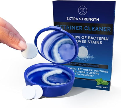 Retainer Cleaning Bundle by Pop On - 30 Retainer Cleaner Tablets, 1 Aligner Cleaner Fresh Foam, 1 Soft Bristle Toothbrush, 1 Mirror Case for Mouth Guards, Night Guards, Invisalign, Veneers, Dentures