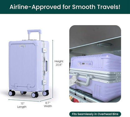 Nobl Travel Carry On Luggage, Noble Zipperless Aluminum Frame PC Hard Shell Suitcase, 20.8"x15"x8.7" Airline Approved, 360° Spinner Wheels, TSA Locks, USB Charging Port, Cup & Phone Holder - Lavender