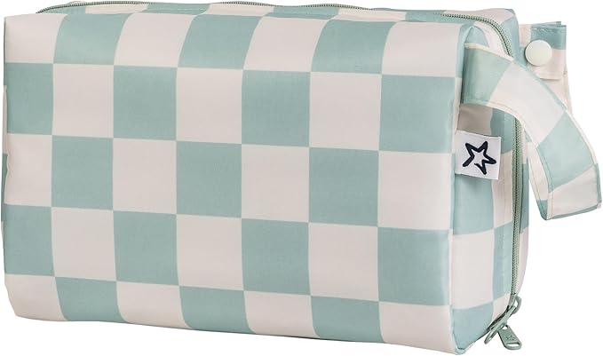 Tiny Twinkle Waterproof Travel Toiletry & Makeup Bag Organizer | Large Capacity Cosmetic Case with Compartments & Handle, A Thoughtful Travel Companion for Women（Sage Checkers