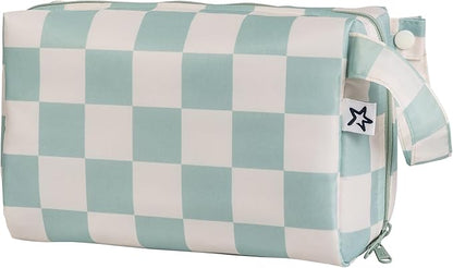 Tiny Twinkle Waterproof Travel Toiletry & Makeup Bag Organizer | Large Capacity Cosmetic Case with Compartments & Handle, A Thoughtful Travel Companion for Women（Sage Checkers