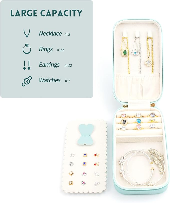 Small Travel Jewelry Organizers Box for women with PU Leather Portable Mini Jewelry Case with compartments for Necklace Rings Earrings,Luxury Giftable boxes. (Lake Blue, M)