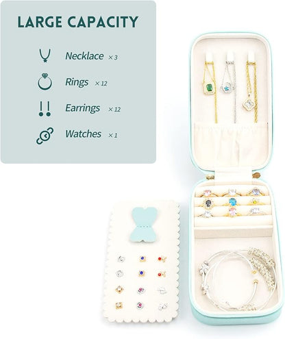 Small Travel Jewelry Organizers Box for women with PU Leather Portable Mini Jewelry Case with compartments for Necklace Rings Earrings,Luxury Giftable boxes. (Lake Blue, M)