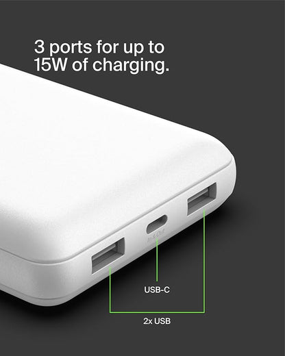 Belkin Portable Charger, USB C Power Bank 20000 mAh w/ 1xUSB-C Port & 2xUSB-A Ports, 15W w/Type-C to Type-A Cable - iPhone 17, Samsung Galaxy S25, Nintendo Switch 2, Google Pixel 10, etc. - White