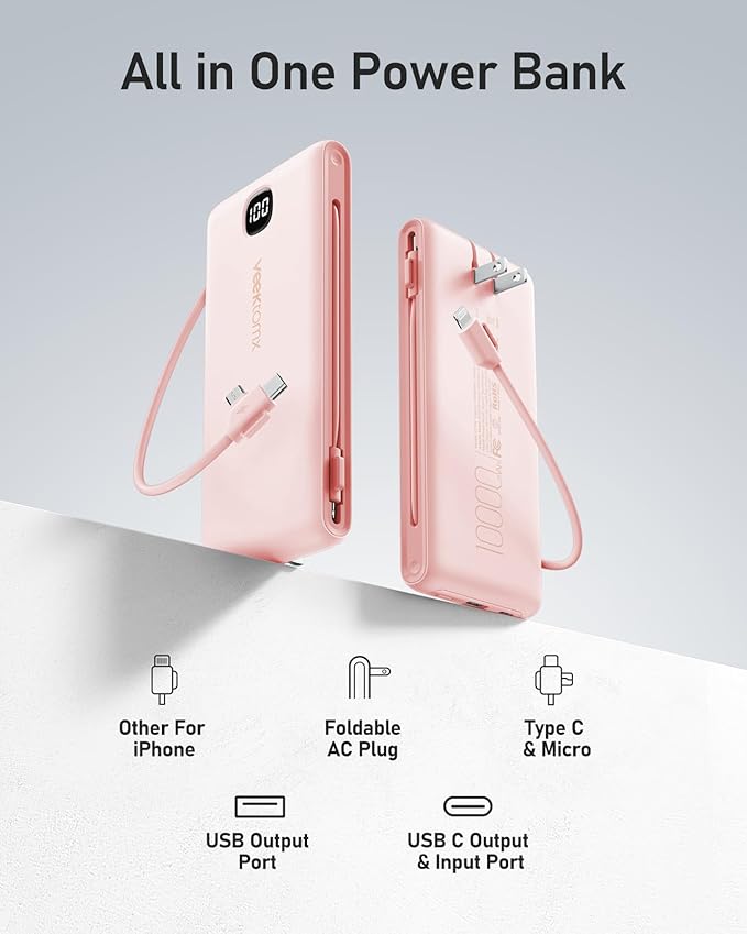 VEEKTOMX Portable Charger with Built in Cables 10000mAh, Power Bank for iPhone with Wall Plug, Travel Essential Fast Charging USB C Slim External Battery Pack for iPhone 17/16/15/14, Samsung, iPad,etc