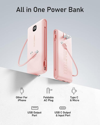 VEEKTOMX Portable Charger with Built in Cables 10000mAh, Power Bank for iPhone with Wall Plug, Travel Essential Fast Charging USB C Slim External Battery Pack for iPhone 17/16/15/14, Samsung, iPad,etc