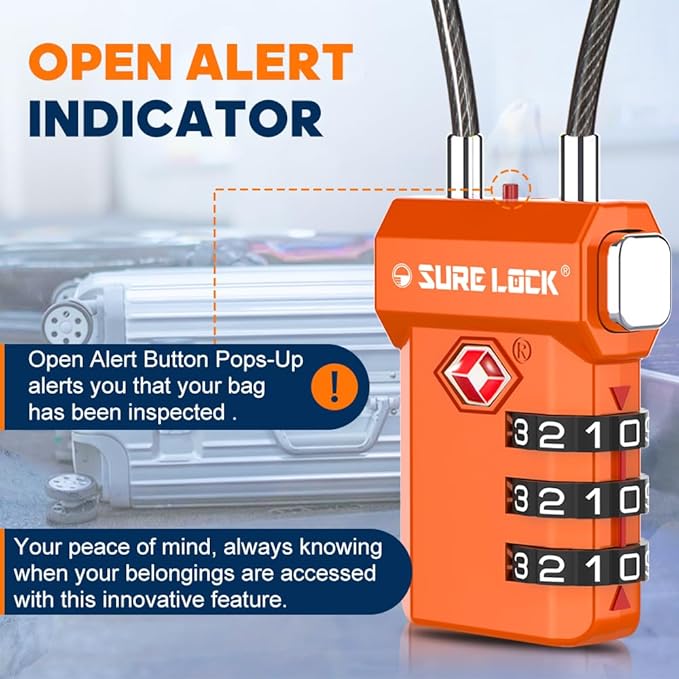 SURE LOCK TSA Approved 3-Digit Combination Luggage Locks – Open Alert Indicator, Re-settable Code with Zinc Alloy Body, Easy-Read Dials for Suitcase, Backpack, Gym Locker & Toolbox (Multiple Colors)