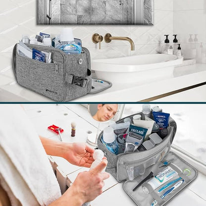 PAVILIA Toiletry Bag for Men, Travel Essentials Shaving Dopp Kit, Mens Travel Bag Toiletries Organizer Case for Grooming, PU Leather Water Resistant Cosmetic Bag Pouch (XL, Heather Grey)