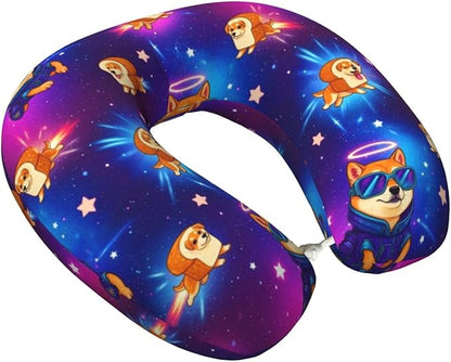 Breathable Neck Pillow for Sleeping Rest Nap Purple Galaxy Space Shiba Inu Doge, Airplanes/Car/Home Memory Foam Travel Cushion with Polyester Cover Washable for Women Men