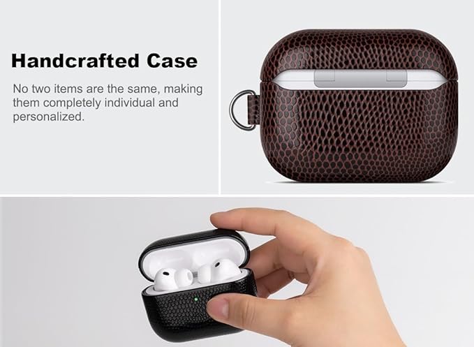 Handmade Case - for AirPods Pro 3 Case Cover with Keychain - Selected Vegan Leather, Lizard Skin Texture, Drop Protection Hard Shell Cover for AirPods Pro 3rd Generation Earbuds - Coffee