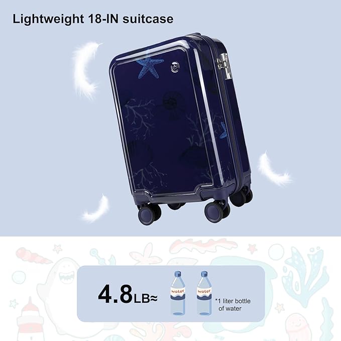 Somago Spinner 18" Hardside PC Carry on Suitcase with TSA Lock Lightweight Children Luggage(18inch, Seashell Navy)