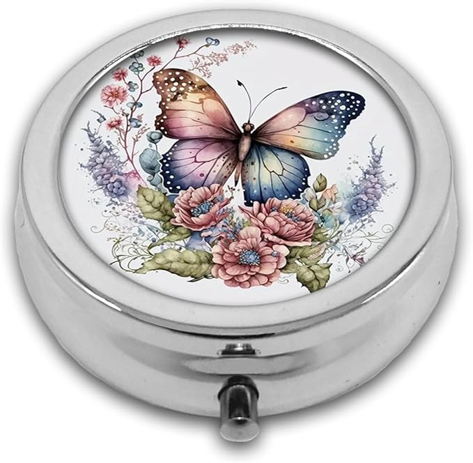 Pill Box,Vintage Butterfly Floral Round Pill Box 3 Compartment Decorative Pocket Purse Portable Mini Travel Medicine Tablet Vitamin Holder Organizer Pill Case