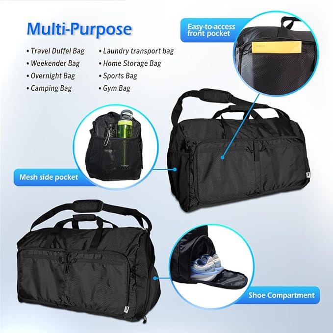 90L Foldable Duffle Bag, Shoe Storage Bag Design, Multiple Pockets, Large Storage Capacity,Duffle Bags For Travel (Black)