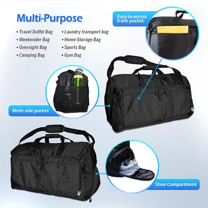 90L Foldable Duffle Bag, Shoe Storage Bag Design, Multiple Pockets, Large Storage Capacity,Duffle Bags For Travel (Black)