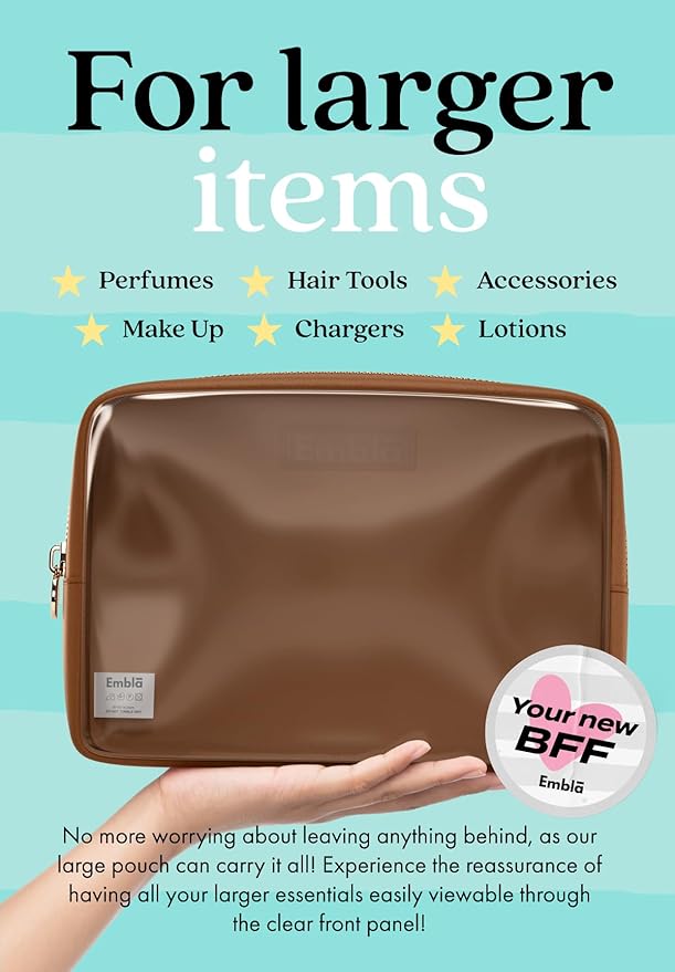 Embla Clear Cosmetic Bag Makeup Case, Clear Zipper Make Up Pouch and Toiletry Travel Tote, Cute Skincare Pouches for Women Girls, Preppy Purse Cosmetic Organizer, Large Makeup Bags, Chocolate