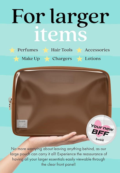 Embla Clear Cosmetic Bag Makeup Case, Clear Zipper Make Up Pouch and Toiletry Travel Tote, Cute Skincare Pouches for Women Girls, Preppy Purse Cosmetic Organizer, Large Makeup Bags, Chocolate