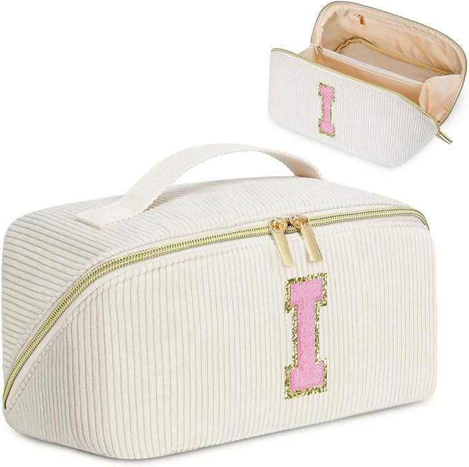 Personalized Initial Makeup Bag,Christmas Gifts for Girl,Preppy Bag Cosmetic Travel Bag Women,Travel Toiletry Organizer,Large Capacity Corduroy Stuff Bag,Cute Cosmetic Pouch Skincare Bag-I
