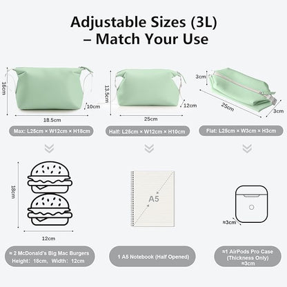 Vomgomfom 3L 6.5 Inch Silicone Toiletry Bag, Waterproof Leakproof Travel Cosmetic Organizer, Adjustable G-Buckle Compression Dopp Kit, Foldable Makeup Bag for Women & Men, Green