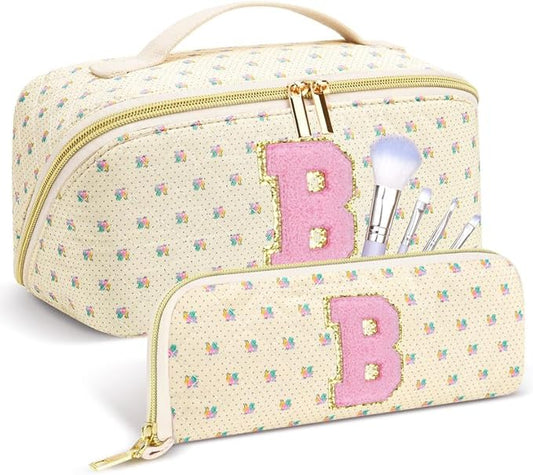 Personalized Travel Makeup Bag Set,Initial Travel Cute Floral Makeup Organizer Bag,Toiletry Skincare Cosmetic Bag,Christmas Gifts for Women/Girls,Open Flat Toiletry Pouch with Brush Pocket-B