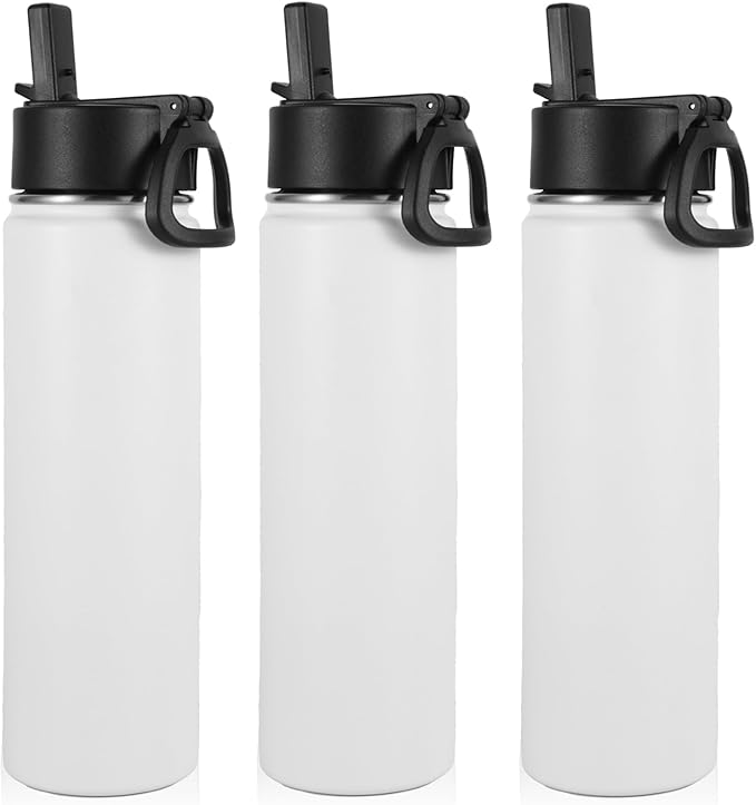 Volhoply 24oz Insulated Water Bottle With Straw Bulk 3 Pack,Metal Wide Mouth Water Bottles With Handle Lid Keep Cold,Reusable Double Wall Cups,Powder Coated Sport Bottle For Holder(White,3 Count)