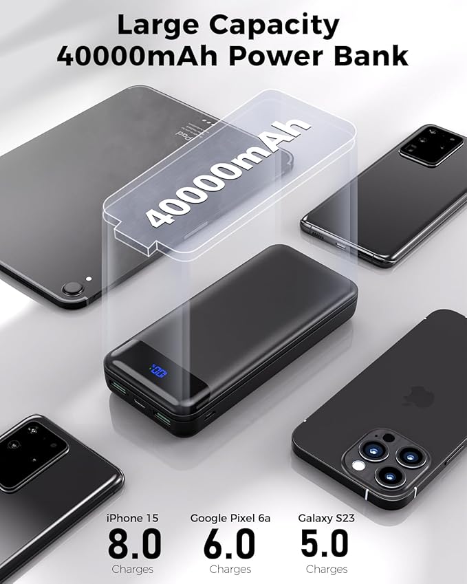 Portable Charger, Power Bank 40000 mAh PD 30W and QC 4.0 Fast Charging External Battery Pack with USB-C LED 3 Outputs & 2 Inputs Portable Charging Phone 15 14 13 pro