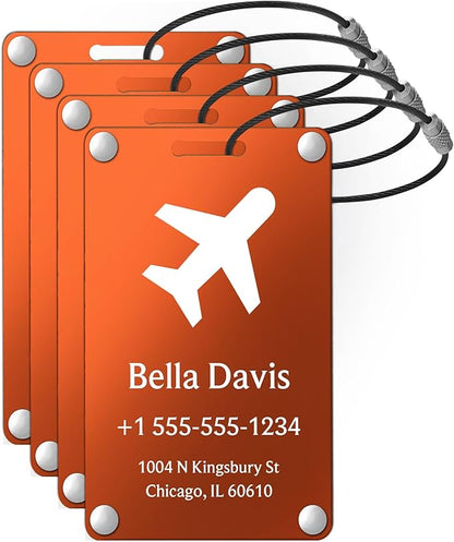 Luggage Tags for Suitcases 4 Pack: Personalized Luggage Tags for Backpacks & Bags Tags with Coustomizable Texts (Orange)