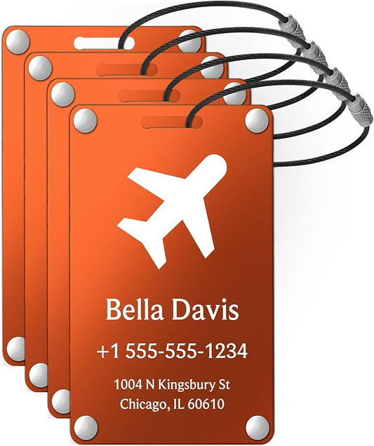 Luggage Tags for Suitcases 4 Pack: Personalized Luggage Tags for Backpacks & Bags Tags with Coustomizable Texts (Orange)