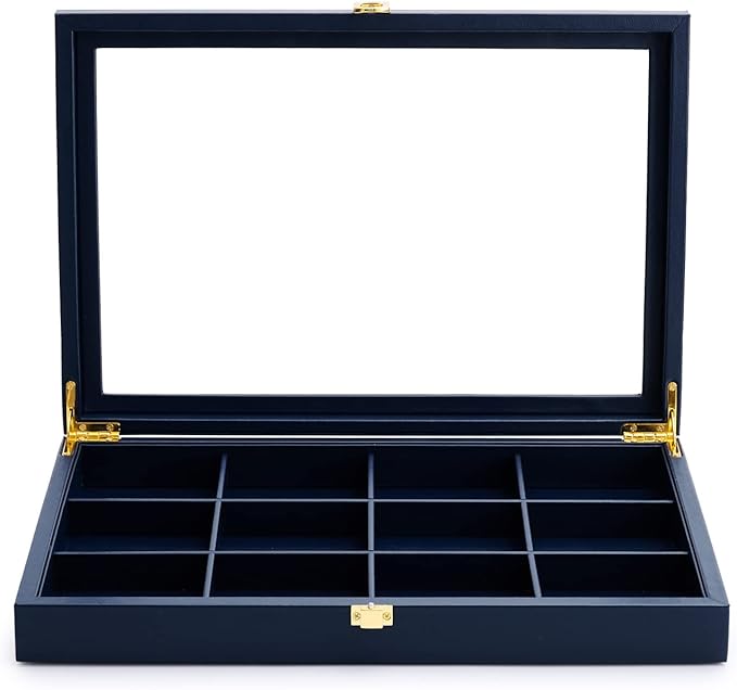 Oirlv 12 Gird Jewelry Tray with Acrylic Lid Premium Blue Leather Jewelry Organizer Box Transparent Lid Bracelet Bangle Small Watch Storage Case for Women Gift