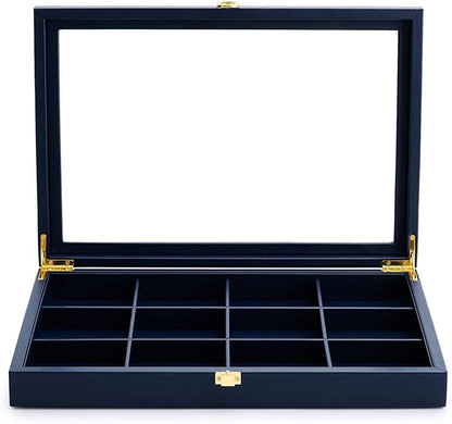 Oirlv 12 Gird Jewelry Tray with Acrylic Lid Premium Blue Leather Jewelry Organizer Box Transparent Lid Bracelet Bangle Small Watch Storage Case for Women Gift