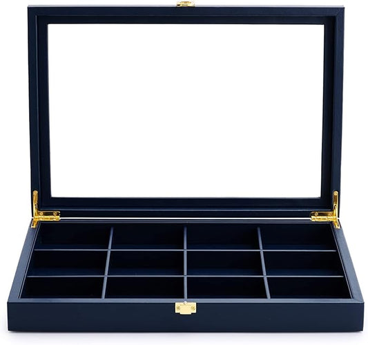 Oirlv 12 Gird Jewelry Tray with Acrylic Lid Premium Blue Leather Jewelry Organizer Box Transparent Lid Bracelet Bangle Small Watch Storage Case for Women Gift