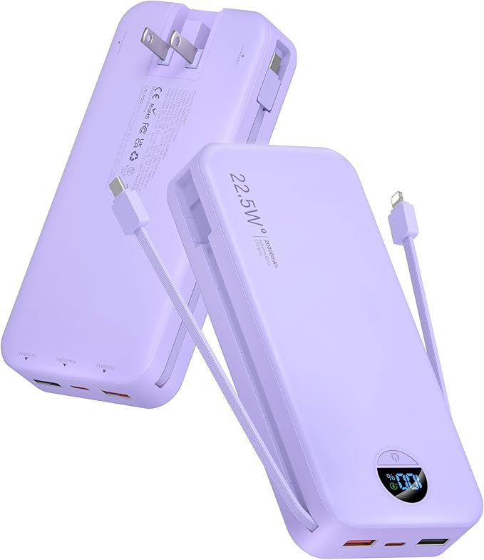 Portable Charger Power Bank, 20000mAh 22.5W USB C Fast Charging with Built-in Cables & Wall Plug, External Battery Pack with LED Display, Travel Essentials for iPhone, iPad, Samsung Purple
