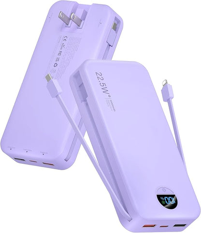 Portable Charger Power Bank, 20000mAh 22.5W USB C Fast Charging with Built-in Cables & Wall Plug, External Battery Pack with LED Display, Travel Essentials for iPhone, iPad, Samsung Purple