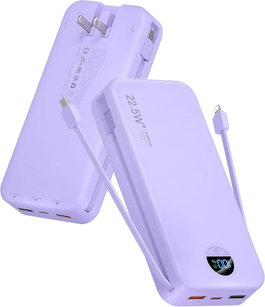 Portable Charger Power Bank, 20000mAh 22.5W USB C Fast Charging with Built-in Cables & Wall Plug, External Battery Pack with LED Display, Travel Essentials for iPhone, iPad, Samsung Purple