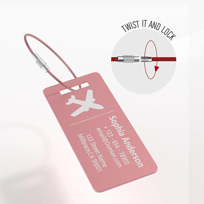 4 Personalized Metal Luggage Tags, Laser Engrave Name and Logo, Custom Aluminum Suitcase Tags with Steel Ring, for Travel, Backpack, Baggage (Pink)