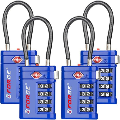 Forge TSA Approved Luggage Locks 4 Digit Combination TSA Travel Locks with TSA008, Open Alert Indicator, Zinc Alloy Body for Luggage, Suitcase, Backpack, and More. Blue 4 Locks.