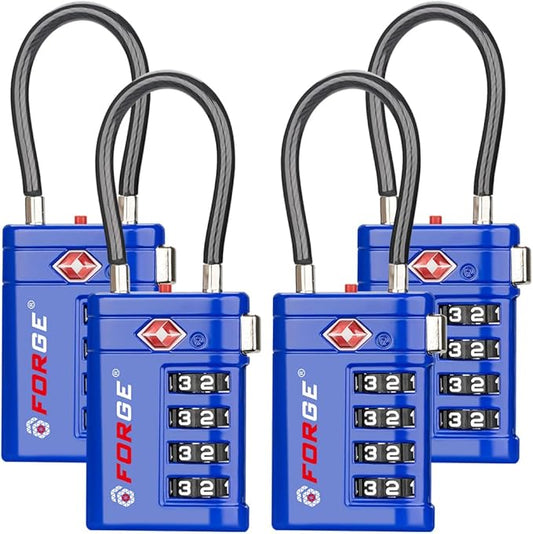 Forge TSA Approved Luggage Locks 4 Digit Combination TSA Travel Locks with TSA008, Open Alert Indicator, Zinc Alloy Body for Luggage, Suitcase, Backpack, and More. Blue 4 Locks.