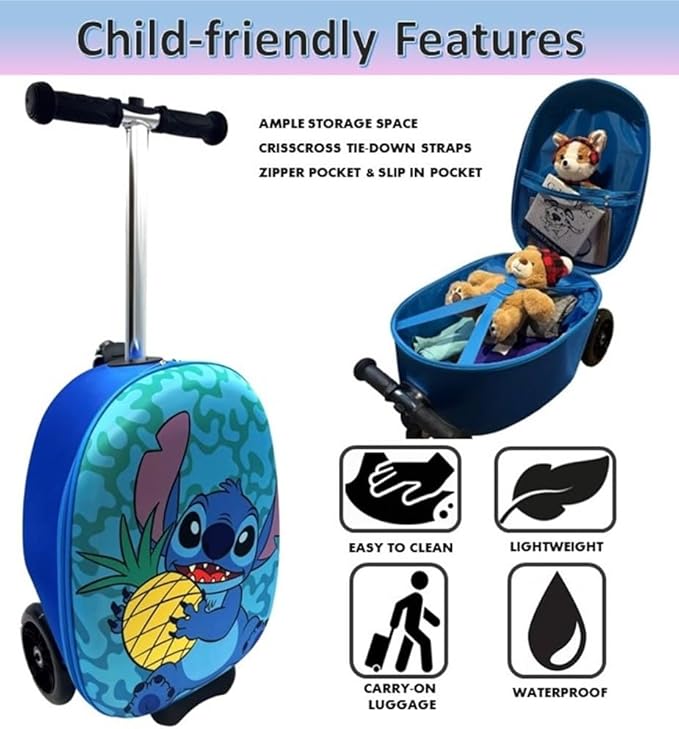 Fast Forward Kid’s Licensed 18" Ride-On Suitcase Scooter - Lightweight Carry-On Foldable Scooter Luggage
