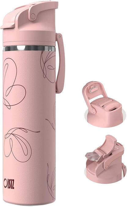 OISIZ Insulated Water Bottle 24 oz with 2 in 1 Spout and Straw Lid,One Click Safety Lock,100% Leakproof,Keep Cold 24H,Vacuum Stainless Steel Water Bottle for School,Travel and Sports,Dishwasher Safe