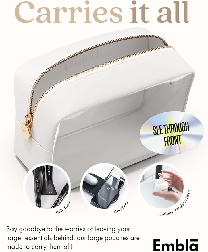 Embla Clear Cosmetic Bag Makeup Case, Clear Zipper Make Up Pouch and Toiletry Travel Tote, Cute Skincare Pouches for Women Girls, Preppy Purse Cosmetic Organizer, Large Makeup Bags, White
