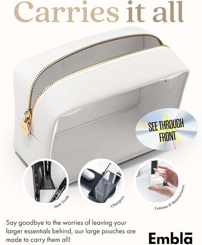 Embla Clear Cosmetic Bag Makeup Case, Clear Zipper Make Up Pouch and Toiletry Travel Tote, Cute Skincare Pouches for Women Girls, Preppy Purse Cosmetic Organizer, Large Makeup Bags, White