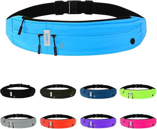 WATERFLY Running Belt Fanny Pack: Runner Marathon Jogging Waist Pack Sport Workout Exercise Fitness Phone Holder Belt for Men Women Jogger Slim Waistband Black