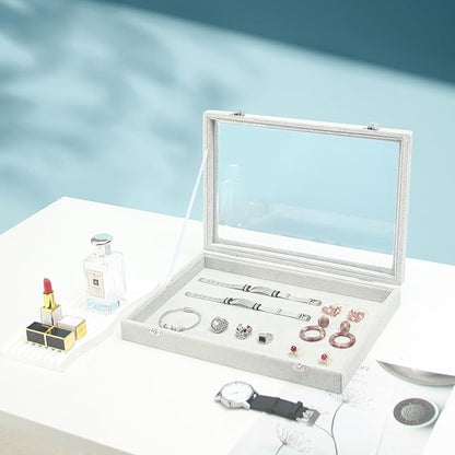 Coward Jewelry Organizer Tray Box, Grey Beige Velvet Blank Display Tray Case with Lid for Storage Necklaces Bracelets Rings Beads and Jewelry Accessories