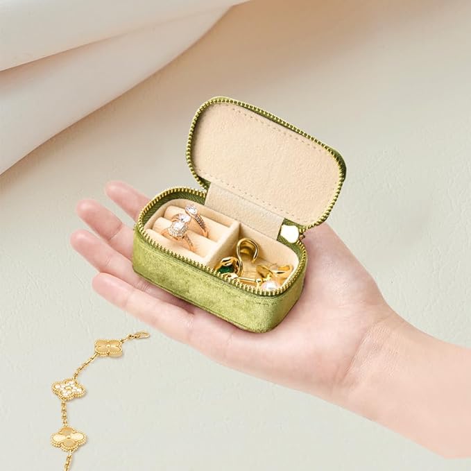 TAIMY Small Travel Jewelry Case, Mini Tiny Plush Velvet Jewelry Box for Women and Girls, Pocket Size Jewelry holder organizer for Rings Earrings and Small Items(Mistletoe Green)