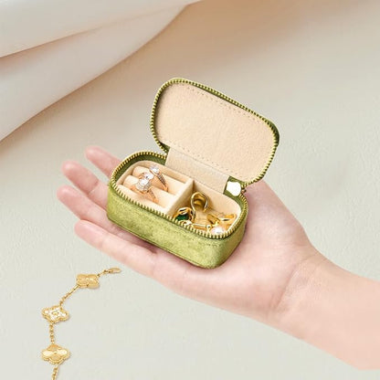 TAIMY Small Travel Jewelry Case, Mini Tiny Plush Velvet Jewelry Box for Women and Girls, Pocket Size Jewelry holder organizer for Rings Earrings and Small Items(Mistletoe Green)