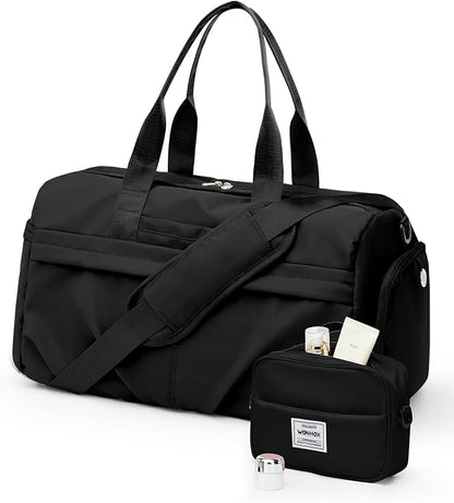 Gym Bag for Women Men, Sport Duffel Bag with Toiletry Bag & Shoe Compartment,Waterproof Travel Weekender Overnight Carry on Bag for Yoga with Trolley Sleeve, Black Set